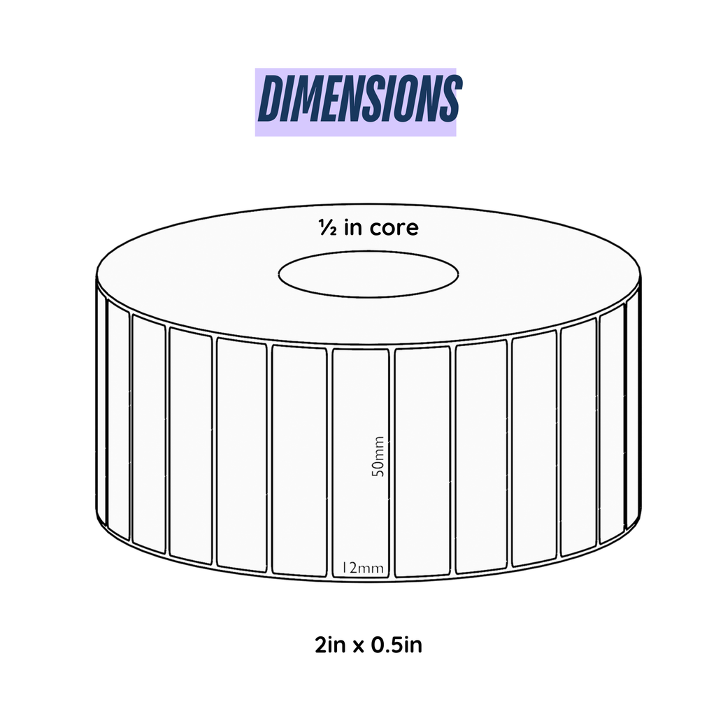 Graphy Impex 2x0.5 Non‑Tearable Direct Thermal Labels – 50x12 mm, 0.5" Core, 500 Labels/Roll – Slim Barcode, Cable & ID Labels