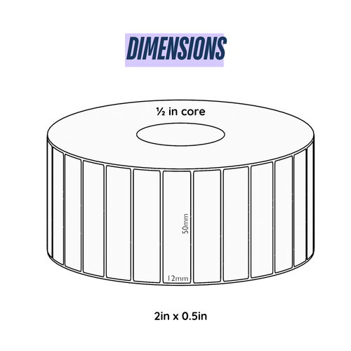 Graphy Impex 2x0.5 Non‑Tearable Direct Thermal Labels – 50x12 mm, 0.5" Core, 500 Labels/Roll – Slim Barcode, Cable & ID Labels