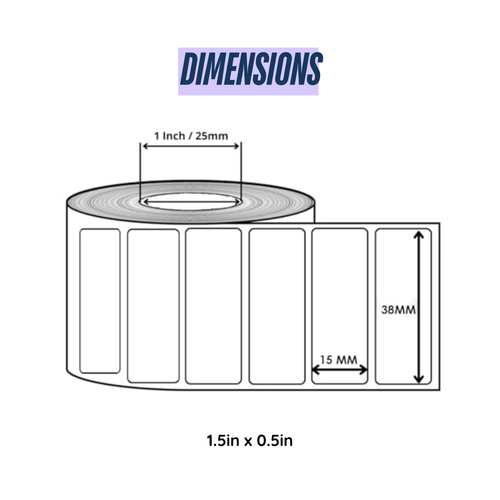 Graphy Impex 1.5x0.5 Non‑Tearable Direct Thermal Labels – 38x15 mm, 1" Core, 500 Labels/Roll – Slim Barcode & ID Labels