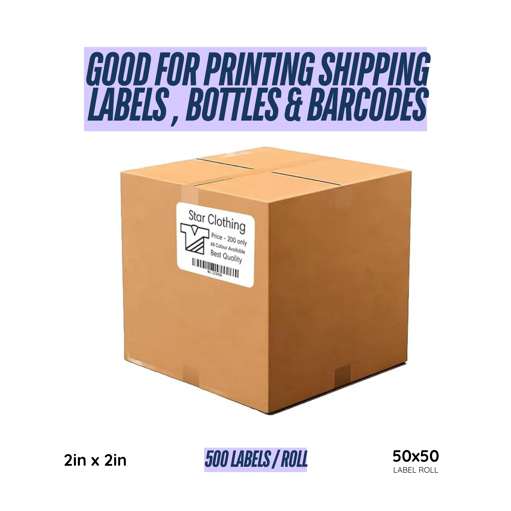 Graphy Impex 2x2 Non‑Tearable Direct Thermal Labels – 50x50 mm, 0.5" Core, 500 Labels/Roll – Price Tags, Product Labels & Barcodes