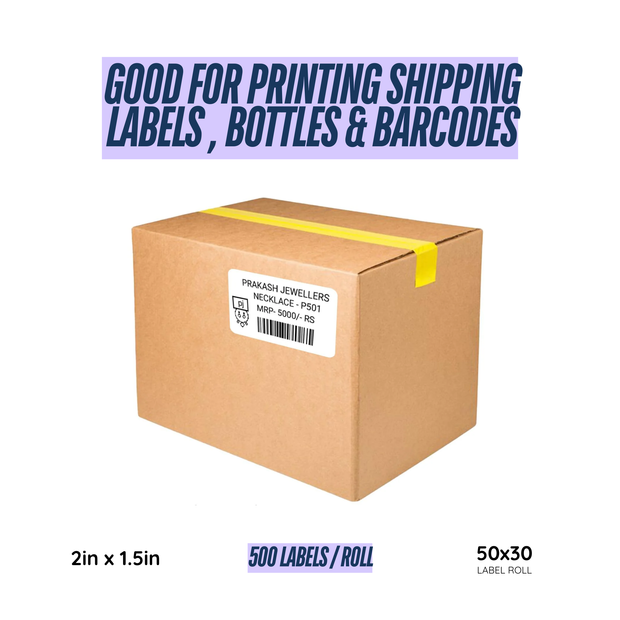 Graphy Impex 2x1.5 Non‑Tearable Direct Thermal Labels – 50x30 mm, 0.5" Core, 500 Labels/Roll – Product Codes, Price Tags & Barcodes