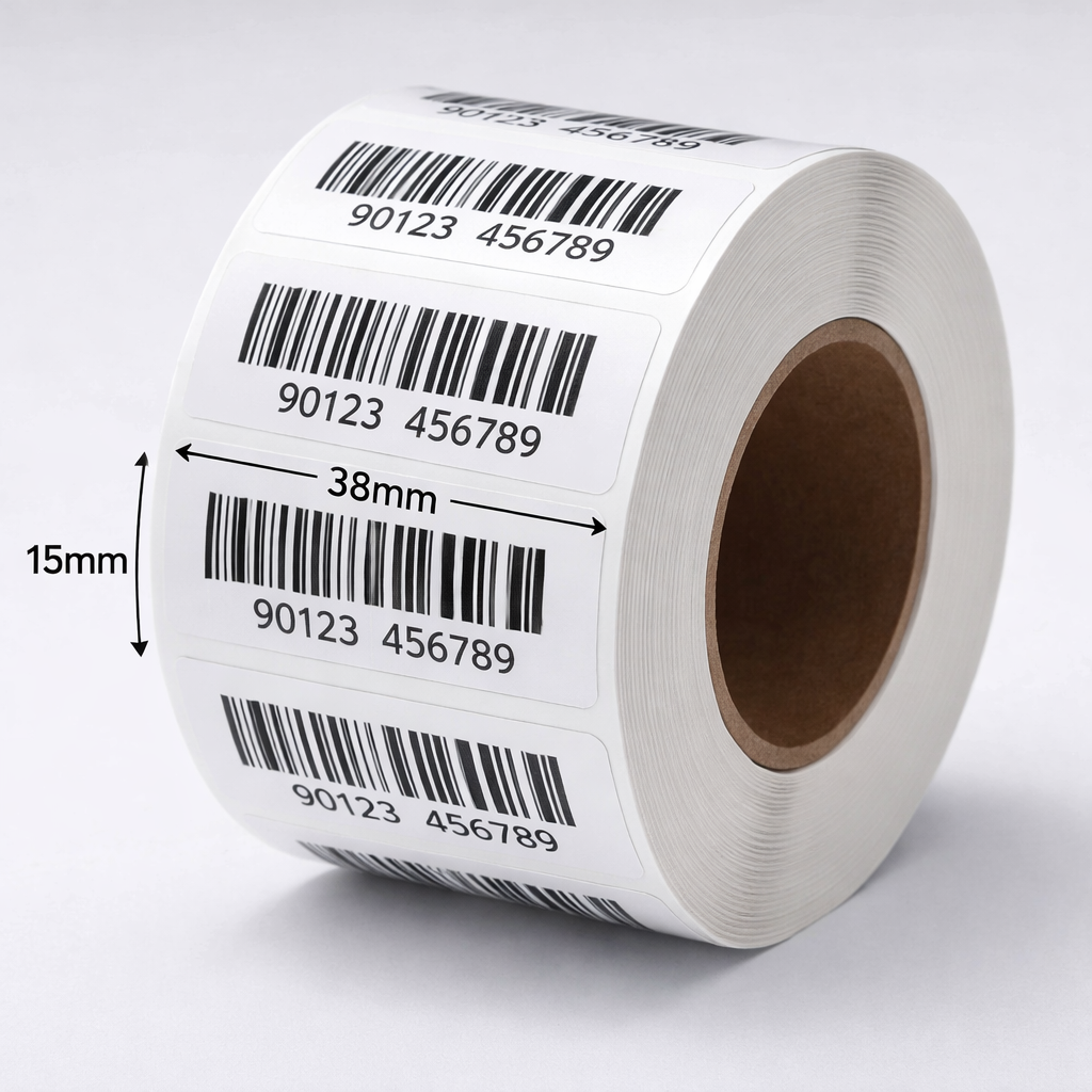 Graphy Impex 1.5x0.5 Non‑Tearable Direct Thermal Labels – 38x15 mm, 1" Core, 500 Labels/Roll – Slim Barcode & ID Labels