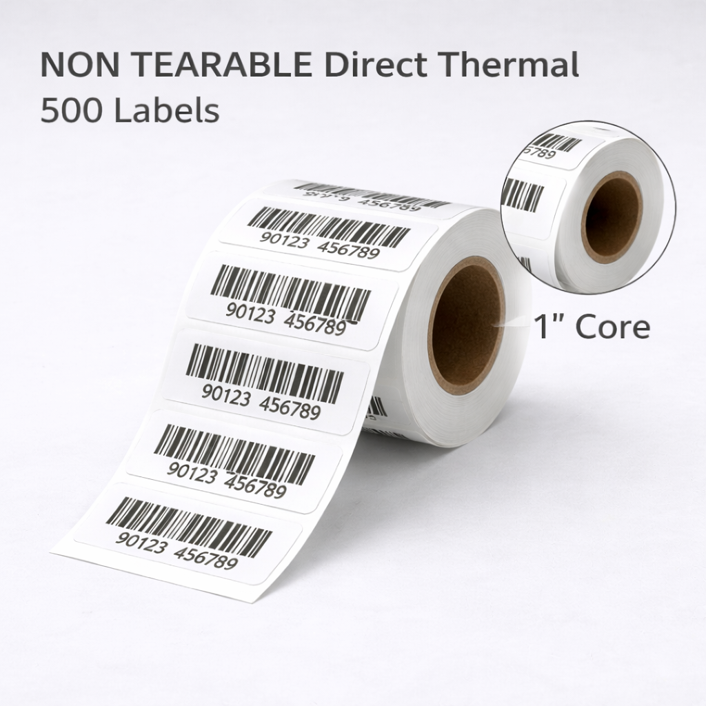 Graphy Impex 1.5x0.5 Non‑Tearable Direct Thermal Labels – 38x15 mm, 1" Core, 500 Labels/Roll – Slim Barcode & ID Labels