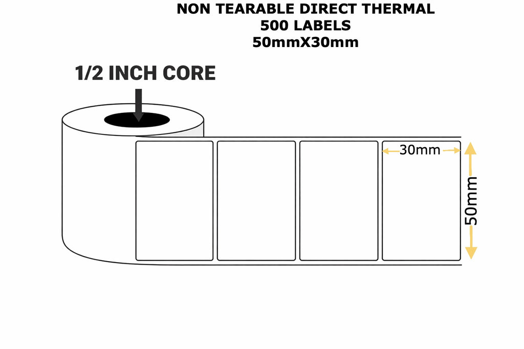 Graphy Impex 2x1.5 Non‑Tearable Direct Thermal Labels – 50x30 mm, 0.5" Core, 500 Labels/Roll – Product Codes, Price Tags & Barcodes