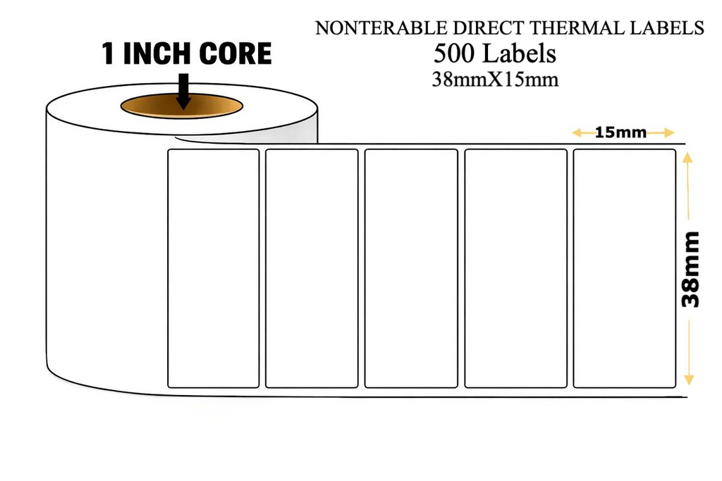 Graphy Impex 1.5x0.5 Non‑Tearable Direct Thermal Labels – 38x15 mm, 1" Core, 500 Labels/Roll – Slim Barcode & ID Labels