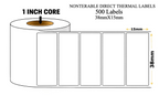 Graphy Impex 1.5x0.5 Non‑Tearable Direct Thermal Labels – 38x15 mm, 1" Core, 500 Labels/Roll – Slim Barcode & ID Labels