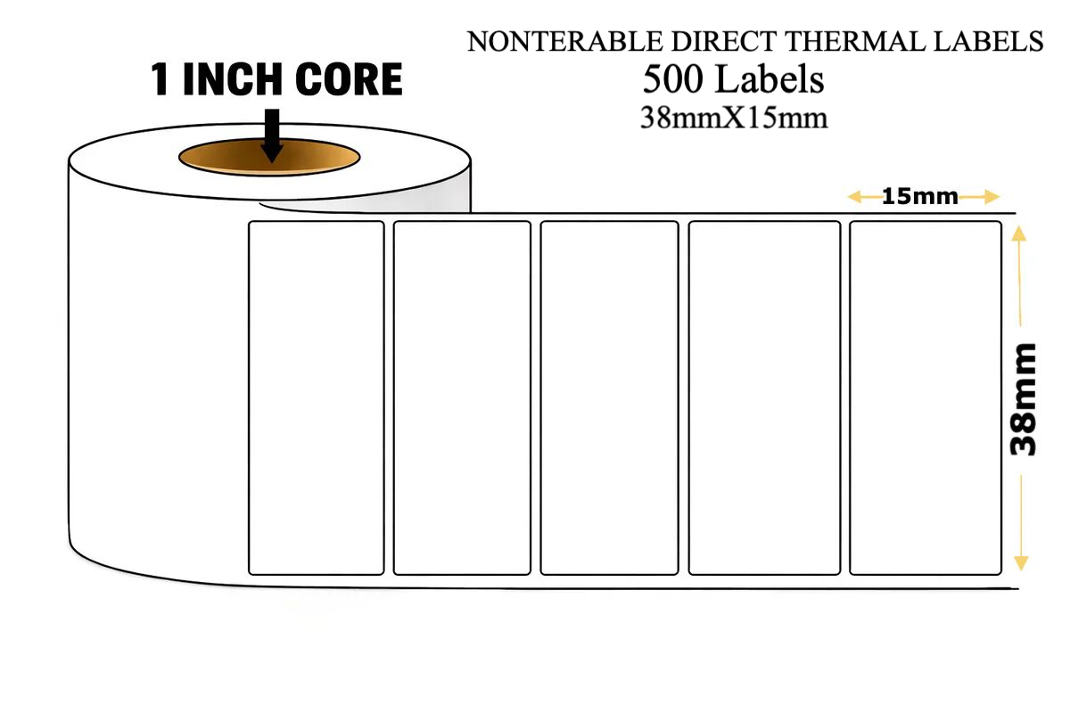Graphy Impex 1.5x0.5 Non‑Tearable Direct Thermal Labels – 38x15 mm, 1" Core, 500 Labels/Roll – Slim Barcode & ID Labels
